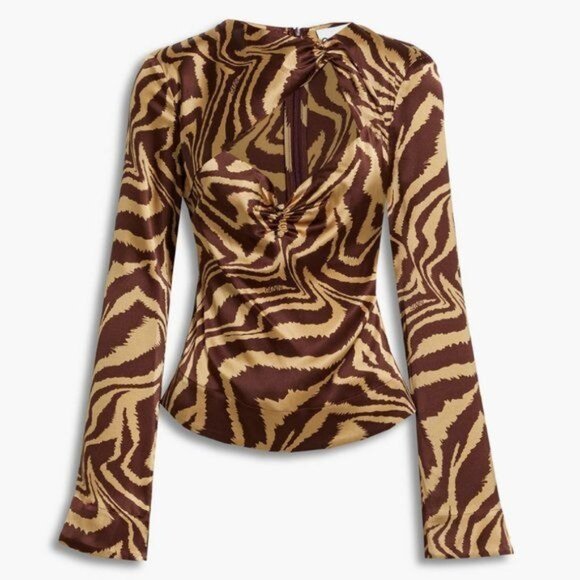GANNI Cutout tiger-print silk-blend satin blouse Size US 4 EU 36 - Picture 2 of 12
